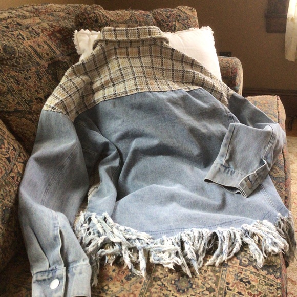 Womens Multimedia Denim Tweed Fringed Jacket sz sm - Picture 7 of 7